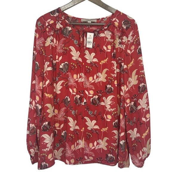 LOFT Tops - NWT LOFT Floral Ruffle Trim Blouse size Large Split Neck Tie Long Sleeve Top